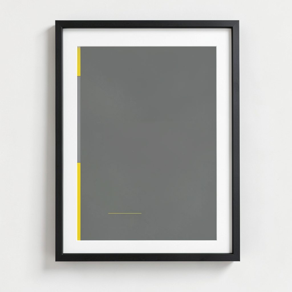 Muted office-themed framed typography print in charcoal and yellow tones, calm professional mood