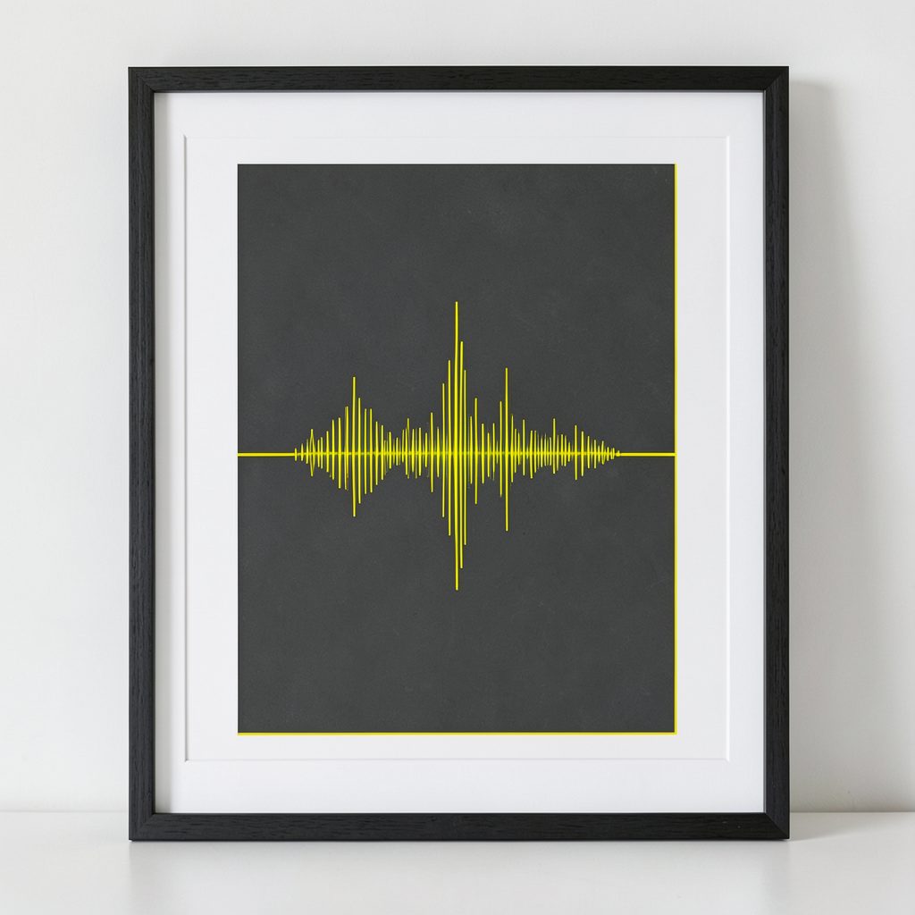 Charcoal framed soundwave art print with yellow accent line, minimal music-inspired mood