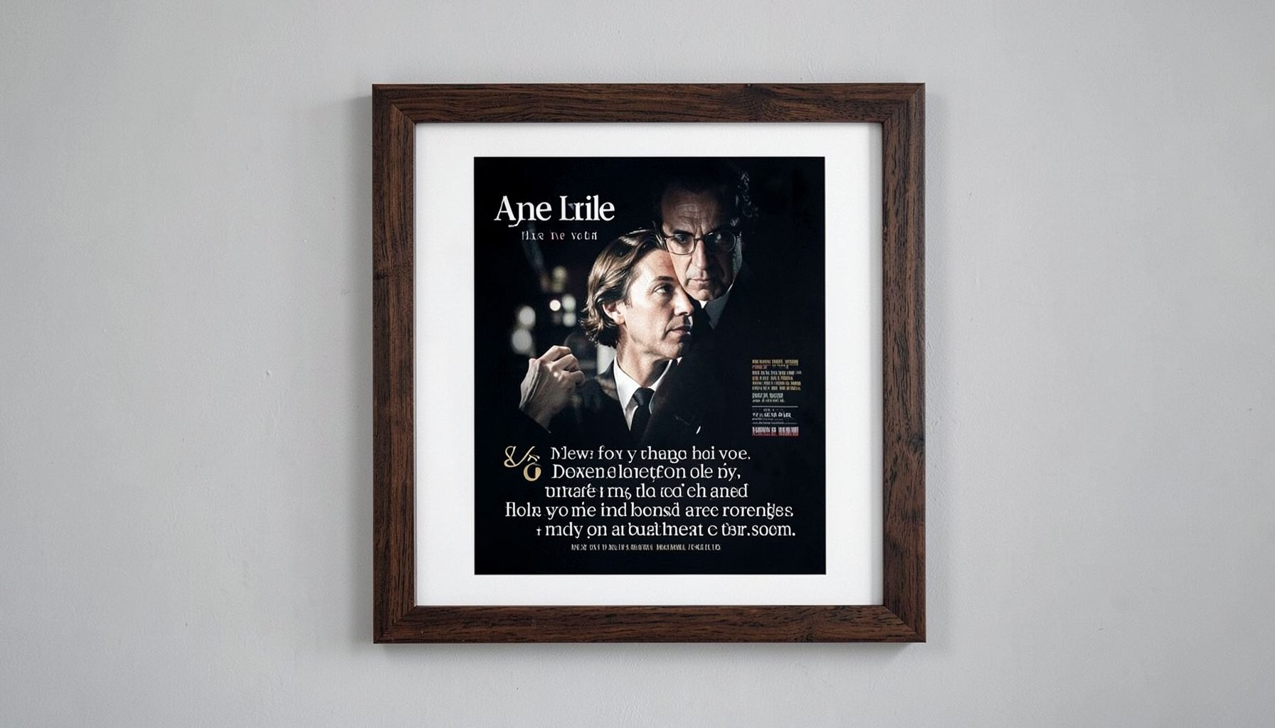 Framed movie-quote poster in a dark wooden frame hanging on a light gray wall