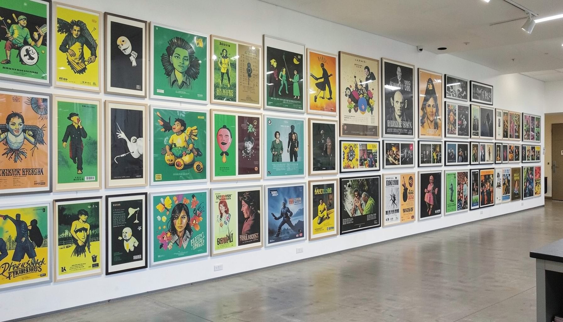 A wide wall covered edge to edge with colorful unframed poster prints in green, yellow and charcoal tones, giving a lively gallery feel