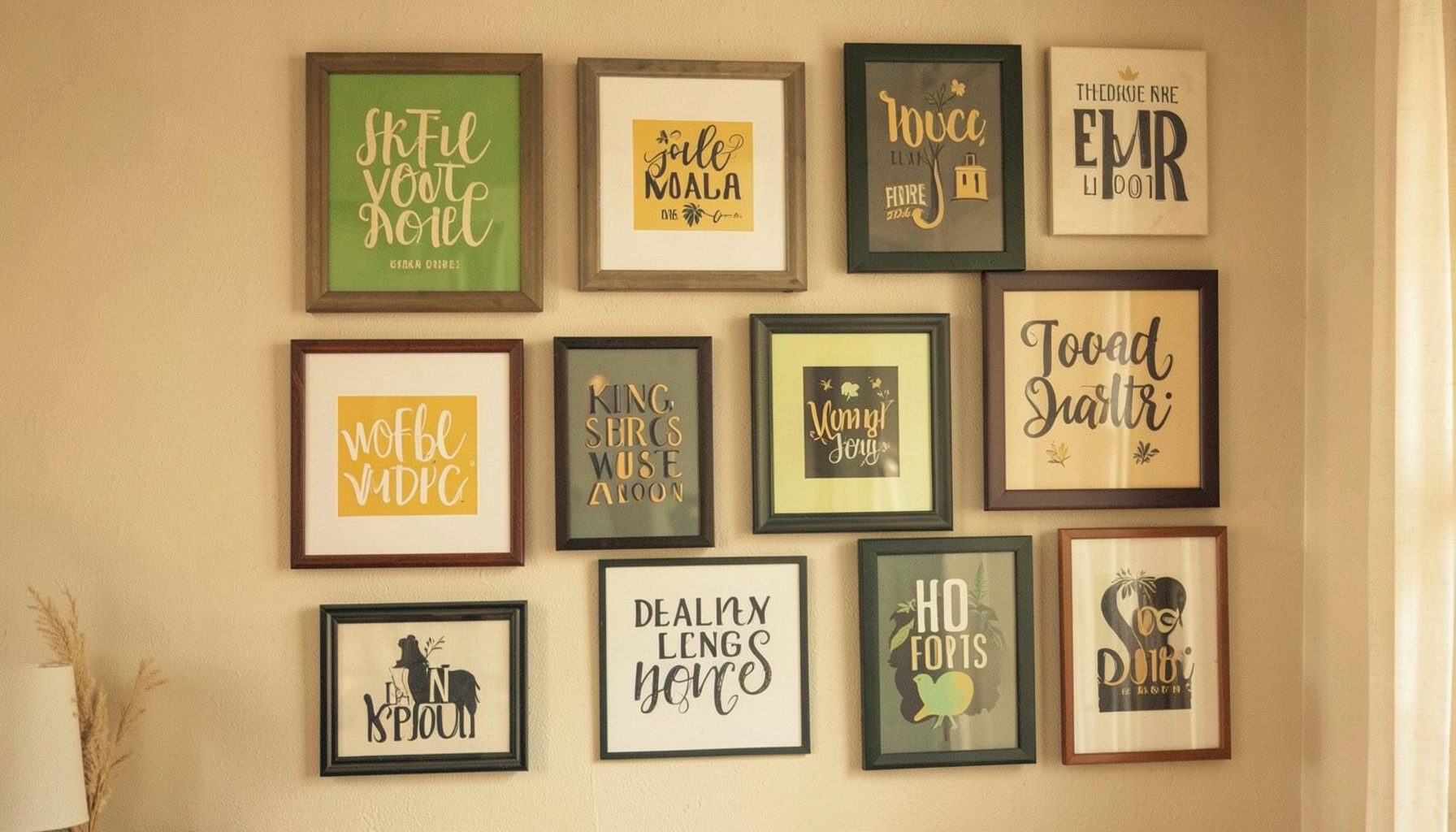 A cozy studio wall covered with framed typography prints in green, yellow and charcoal tones, warm and creative mood
