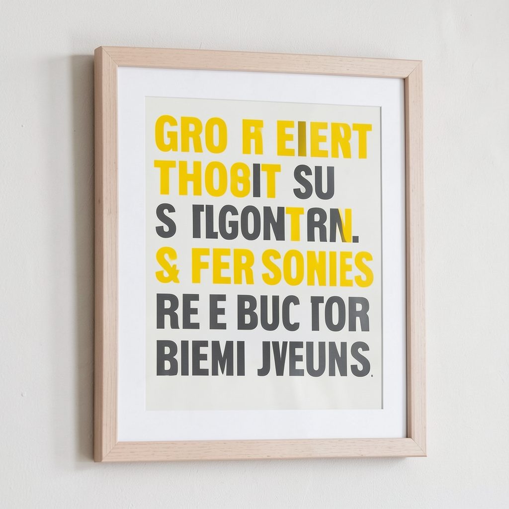 Close-up of a framed motivational quote poster in bold yellow and charcoal lettering hanging on a light wall