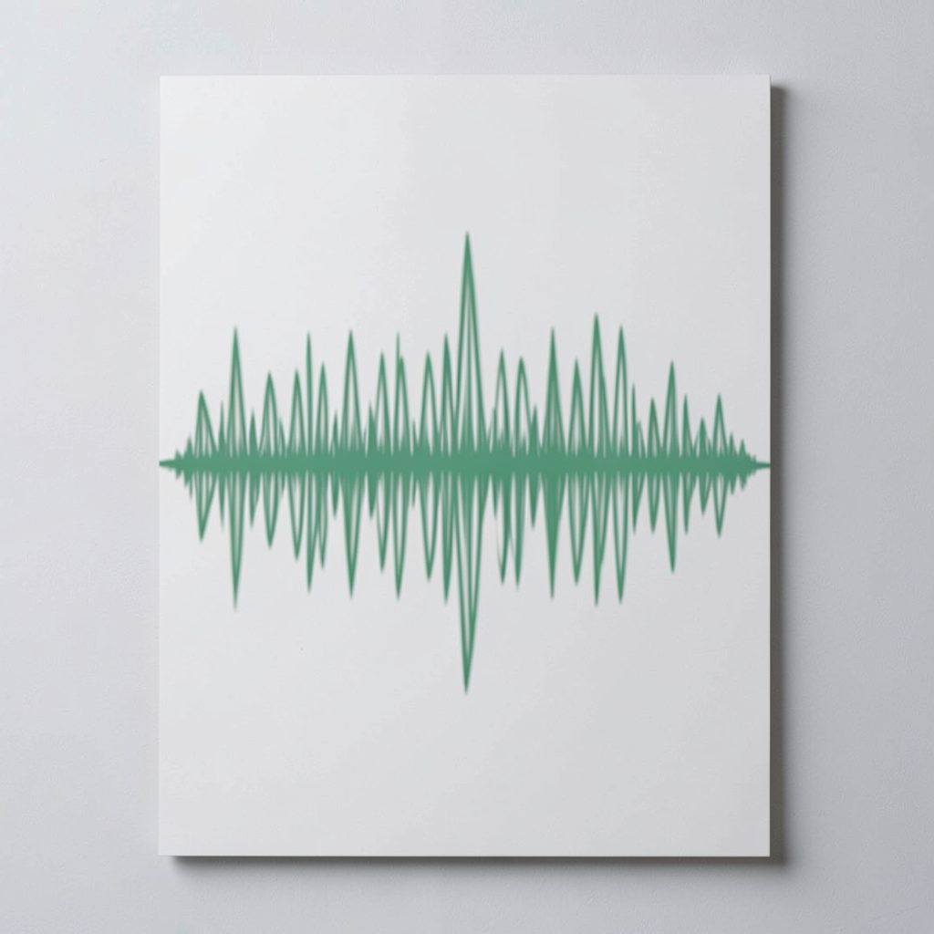 A soundwave-style poster print with a green waveform pattern on a light background, minimal music-inspired mood