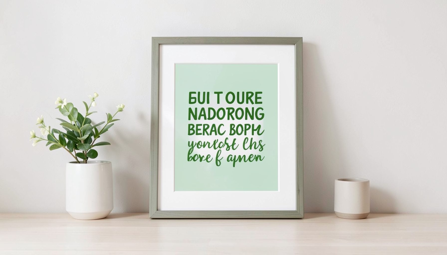 Framed motivational quote print with green and white tones in a clean, tidy room setting