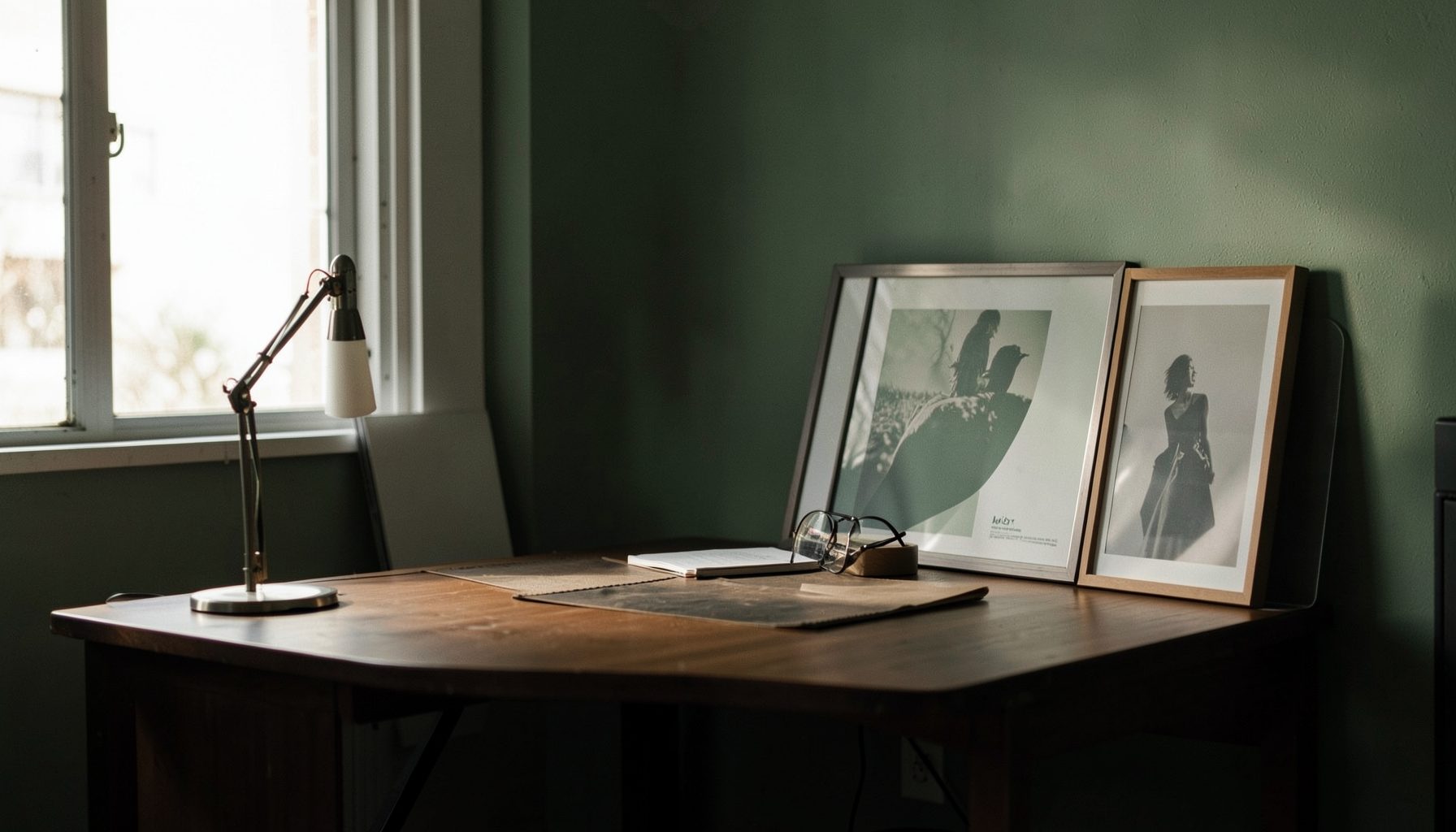 Warm charcoal and green toned workspace scene with a desk, poster frames leaning against a wall, and soft window light