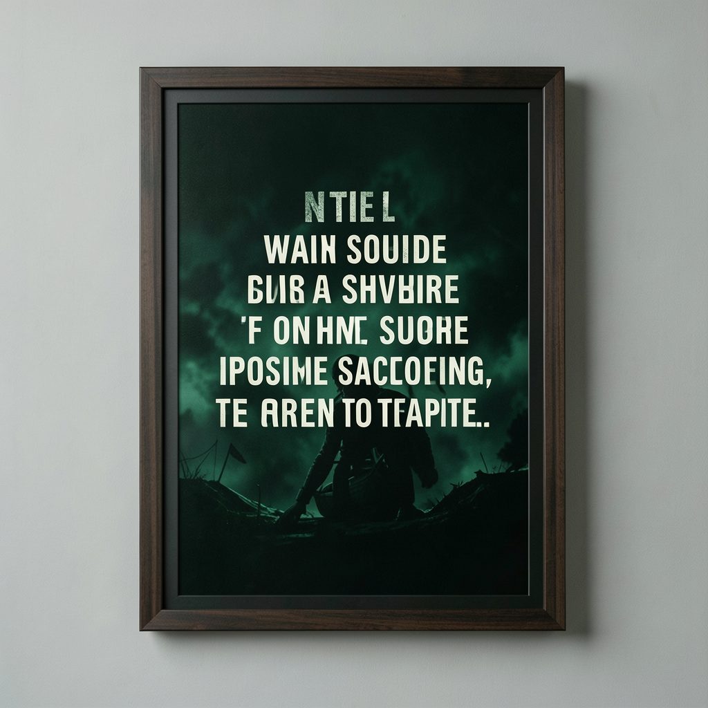 Dark green movie-themed framed poster with bold typography quote, dramatic mood