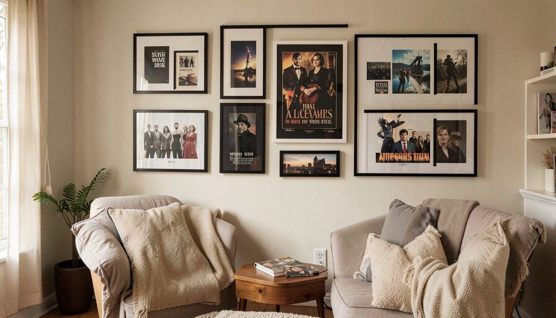 Framed poster gallery wall styled with a mix of quote and movie art in a cozy room