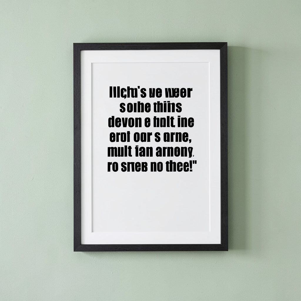 Framed poster with bold typography quote text mocked up on a light wall in green and charcoal tones