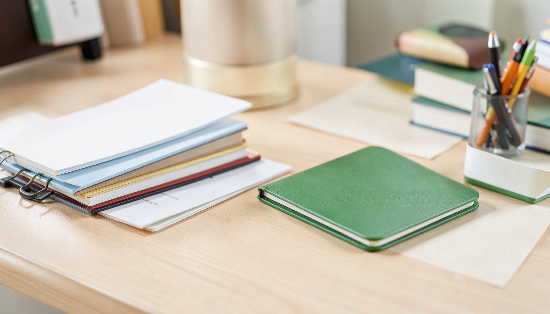 Stack of notebooks and a planner with green cover in a friendly, organized desk mood