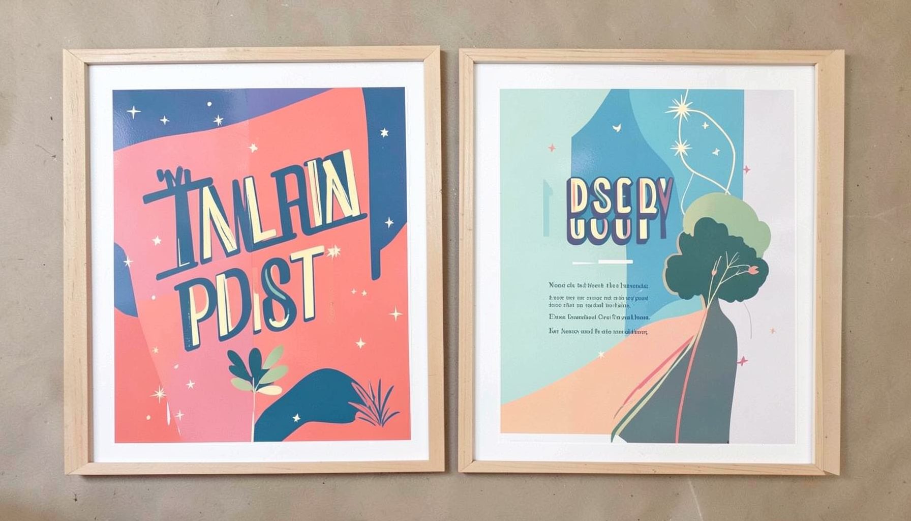 Unframed poster prints laid flat showing typography and motivational designs