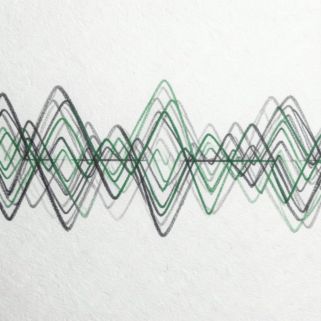 Music-themed soundwave art poster with rhythmic linework in charcoal and green tones on textured paper